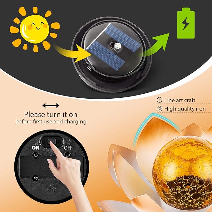 Huaxu Solar Lights Outdoor Garden Decorative Art Metal Lotus Cracked Glass Ball Waterproof Decorations for Pathway Lawn Patio Yard Ground Tabletop Gifts-VerdiqueGarden