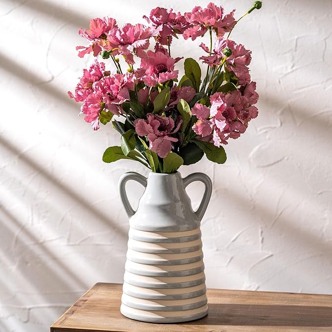 Ceramic Grey and White Checkered Stripes Vase with Handles, Hand-Painted Modern Bohemian Floral Vases Home Decor, Cottage Core Decor, Flower Vases for Bouquet Tabletop Bedroom Office Bookshelf 8.9 in-VerdiqueGarden