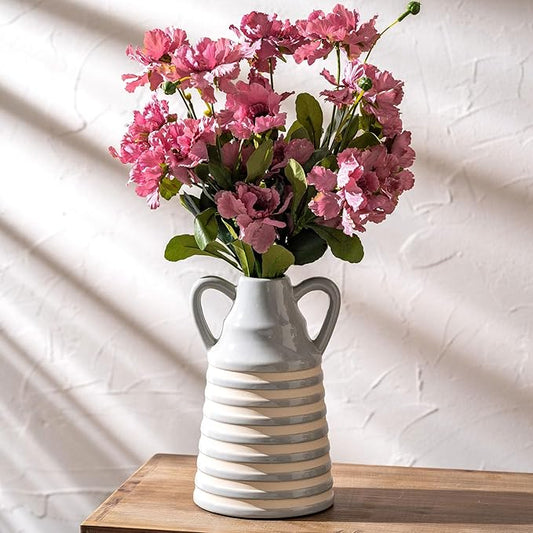 Ceramic Grey and White Checkered Stripes Vase with Handles, Hand-Painted Modern Bohemian Floral Vases Home Decor, Cottage Core Decor, Flower Vases for Bouquet Tabletop Bedroom Office Bookshelf 8.9 in-VerdiqueGarden