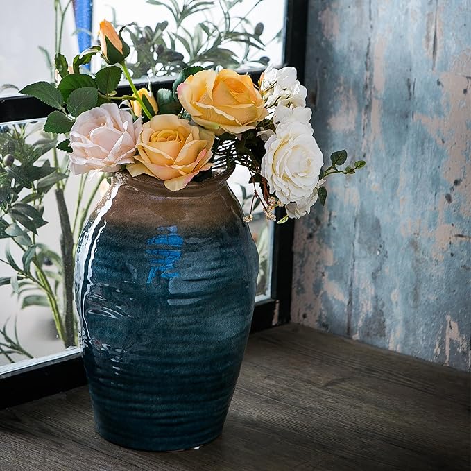 Blue Floor Vase, Ceramic Glazed Large Vase for Modern Farmhouse Home Decor, Rustic Terracotta Pottery, Vintage Clay Vase for Living Room Entryway Centerpiece-VerdiqueGarden