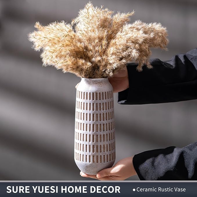 Rustic Ceramic Flower Vase, Terracotta Farmhouse Decorative Vintage Vases, Stone Clay Floral Vase, Concrete Grey Home Decor Vases for Living Room, Entryway, Kitchen, Bedroom, Bathroom Shelf 9.6 Inch-VerdiqueGarden