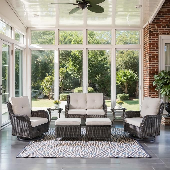 Outdoor Patio Furniture Set - 7 Piece Brown Wicker Conversation Patio Furniture Set All Weather Swivel Chairs with Ottoman and Loveseat Glider Chair for Deck Balcony Backyard-VerdiqueGarden