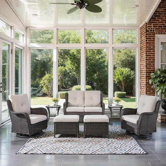 Outdoor Patio Furniture Set - 7 Piece Brown Wicker Conversation Patio Furniture Set All Weather Swivel Chairs with Ottoman and Loveseat Glider Chair for Deck Balcony Backyard-VerdiqueGarden