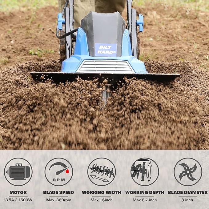 BILT HARD Tiller Cultivator 16 inch, 13.5 Amp 6 Steel Tines Tillers for Gardening Foldable, Electric Garden Rototiller with Adjustable Wheels-VerdiqueGarden