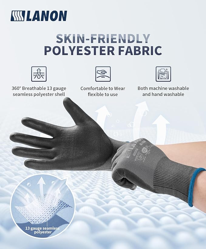 LANON 18 Pairs Safety Work Gloves, Mechanic Working Gloves for Men,Breathable PU Coated, Seamless Knit,Double Wash, Grey, XXL-VerdiqueGarden