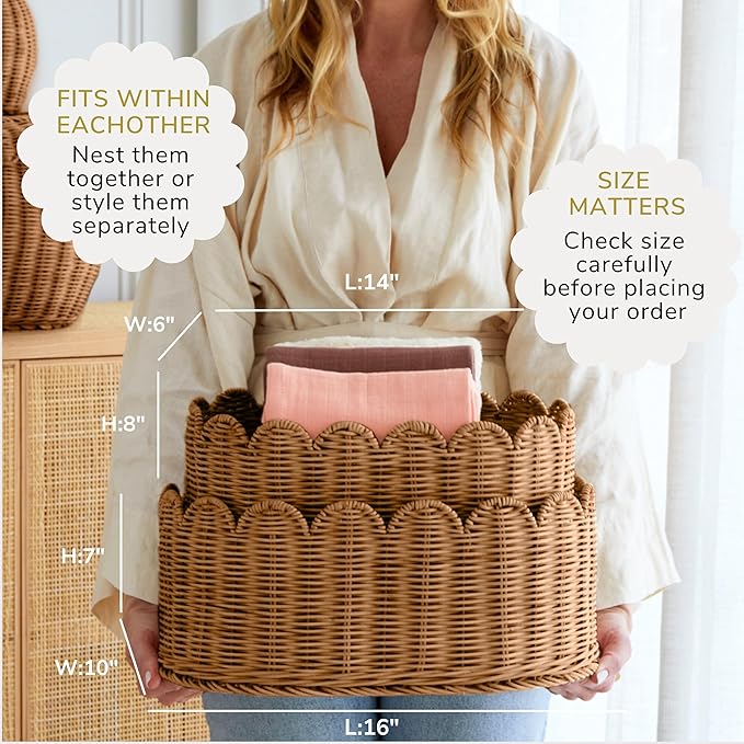 BEBE BASK Premium Scalloped Basket Set Of 2 - Scallop Basket - 16 x 10 x 7 Inch - Hand-Woven Elegant Wicker With Scalloped Edge - Nursery Storage (Mocca)-VerdiqueGarden