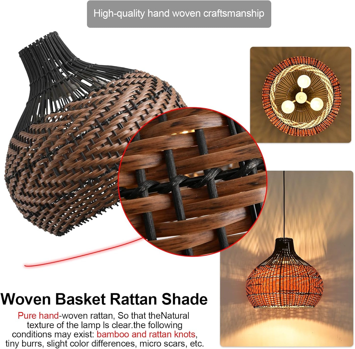 3-Light Rattan Pendant Light,15" Hand-Woven Black Brown Faux Rattan Hanging Light Boho Wicker Basket Chandelier,for Living Room Bedroom Kitchen Dining Farmhouse 1-Pack-VerdiqueGarden