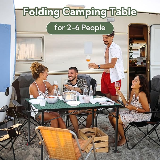 Portable Outdoor Adjustable Height Camping Table, Large for 2-6 Person, Foldable Roll-up Aluminum Camp Table with Carry Bag for Picnic, Camp, Sturdy, Stable, Loads 220 Lbs (Green)-VerdiqueGarden
