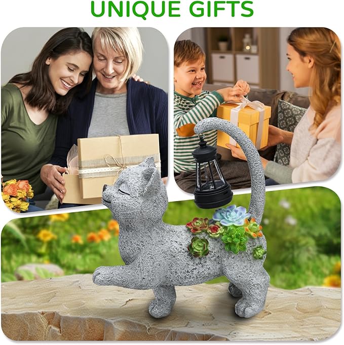 Solar Garden Outdoor Statues Cat with Succulent Solar Lantern, Lawn Decor Kitten Figurine for Patio Balcony Yard, Yard Unique Christmas Birthdays Gift for Mom Grandma-VerdiqueGarden