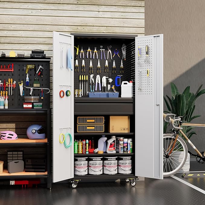 Metal Garage Cabinet with Wheels,71''H Rolling Lockable Steel Tool Storage Cabinet with Pegboard &1 Drawer for Garage,Home,Office,Black Gray, Assembly Required-VerdiqueGarden