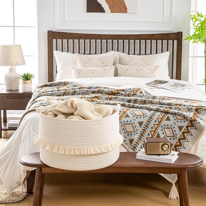 KAKAMAY Large Blanket Basket (20"x13"),Woven Baskets for storage Baby Laundry Hamper, Cotton Rope Blanket Basket for Living Room, Laundry, Nursery, Pillows, Baby Toy chest (White)-VerdiqueGarden