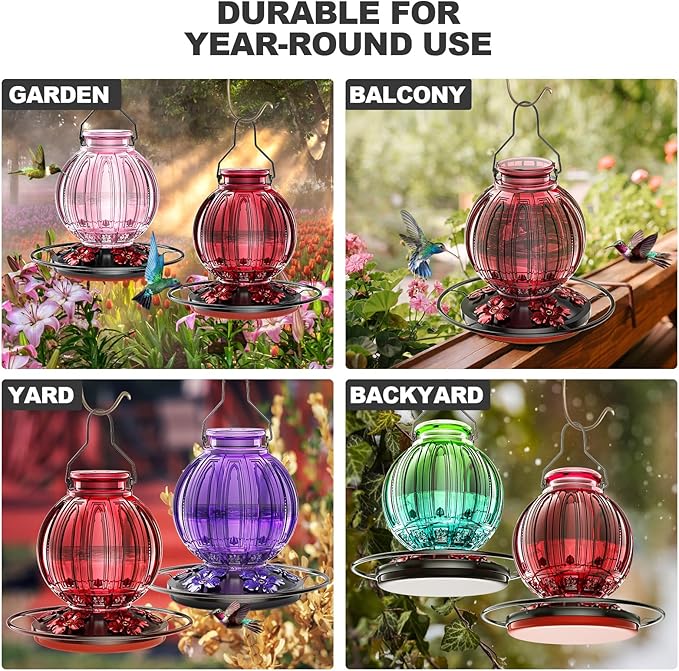 2 Pack Glass Hummingbird Feeder for Outdoors Hanging, Bird Nectar Feeder with Perch & 5 Flower Feeding Ports, 26 Oz Leak Proof for Outside Garden Decor Backyard, Gifts for Women Mom, Red & Green Blue-VerdiqueGarden