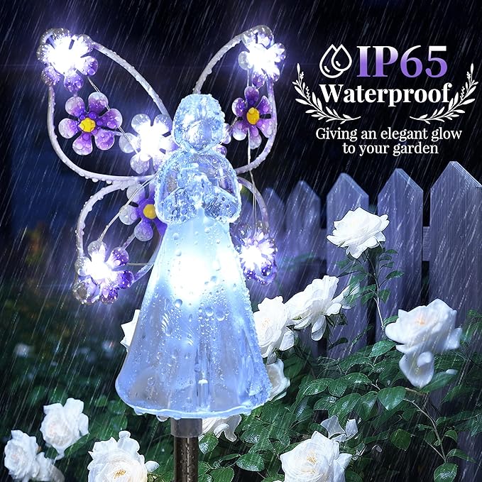 GIGALUMI Solar Angel Garden Stake Lights - 2 Pack Angel Solar Lights Outdoor Garden, Eternal Light Angel with 7 LEDs for Cemetery Grave Decorations, Memorial Gift, Christmas Yard Art, Sympathy Gifts-VerdiqueGarden