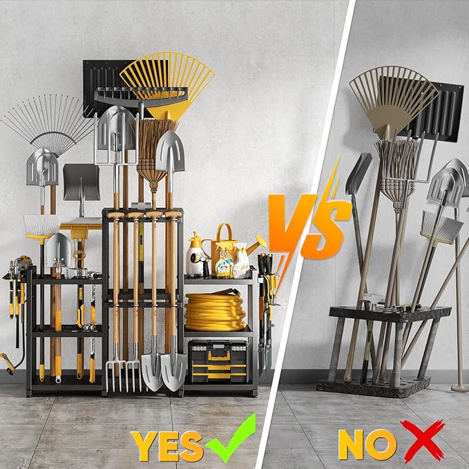 42" H Large Garden Tool Organizer, Holds Up to 86 Tools, Heavy Duty Yard Tool Organizer for Garage, 61“ Wide Lawn Freestanding Tool Storage Rack for Outdoor Shed Tool Rake, Shovel, Brooms-VerdiqueGarden