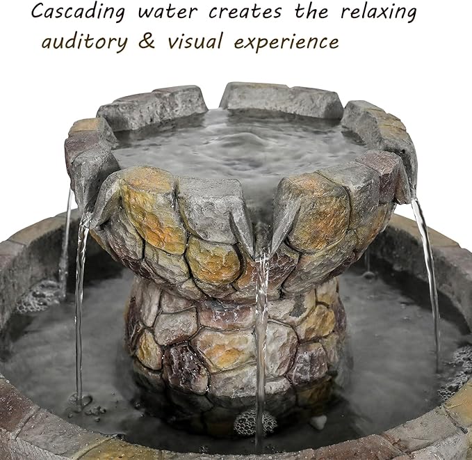SunJet 25.7” High x 15.3” Diameter Concrete Bird Bath with Faux Stone Finish - Outdoor Water Fountain with Electric Pump - Birdbath for Garden, Patio, Yard, Lawn Décor-VerdiqueGarden