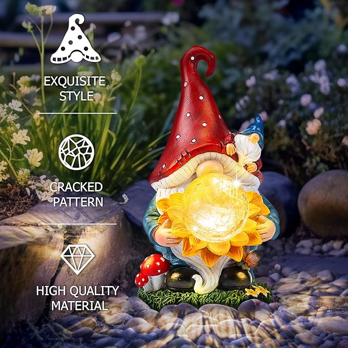 Solar Garden Decor Gnome Statues with Sunflower and Crackle Glass Globe Lights Gnome Outdoor Decorations for Garden Yard Patio Lawn, Unique Housewarming Gifts-VerdiqueGarden