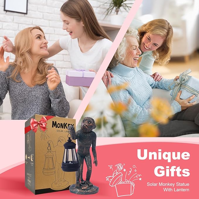 Garden Statue Monkey Figurine - Monkey Decor with Solar Powered Led Lights for Patio Lawn Balcony Yard - Ideal Gift for Women Moms Grandma Housewarming (Copper)-VerdiqueGarden