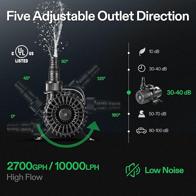 VIVOSUN 2700 GPH Submersible Water Pump, 120W Pond Pump, Ultra Quiet Aquarium Pump with 15FT. Lift Height for Pond Waterfall, Fish Tank, Statuary, or Hydroponics-VerdiqueGarden