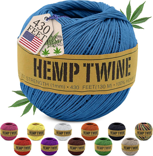 Hemp Twine for Gardening - Twine for Crafts - Organic Natural Hemp String for Jewelry Making - Strong Durable Cord for Decoration, Macrame + Cooking - 1MM, 100G/430 Ft. - 20 lb. Test Strength - Blue-VerdiqueGarden