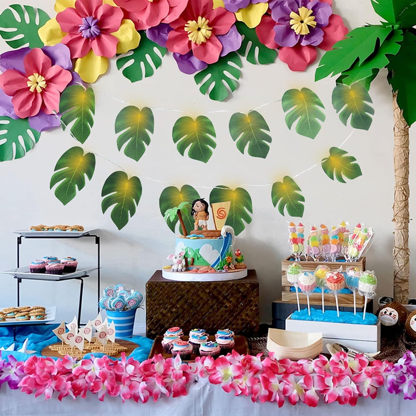 RECUTMS 20LED Monstera Leaf String Lights, Tropical Artificial Rattan Palm Leaves Wall Hanging Vine Greenery,Summer Decorations for Outdoor Indoor Hawaiian Luau Jungle Beach Theme Party Table Home-VerdiqueGarden