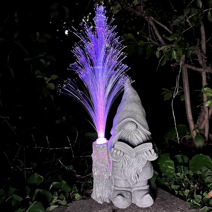 Gnomes Statue Solar Garden Decor,Resin Gnome Statues and Colour Changing Optical Fiber Solar Lights,Outdoor Decoration for Balcony, Garden, Patio, Yard, Lawn, Gifts for Mom Grandma-VerdiqueGarden