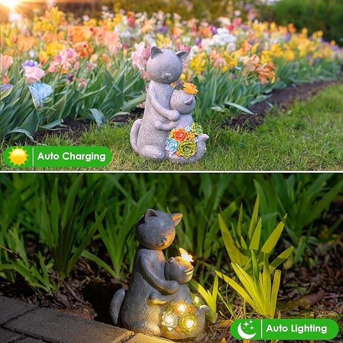 Solar Garden Statues Loving Cat Figurine Lights for Outside, Yard Decorations Outdoor, Garden Christmas Decor Unique Birthday Housewarming Gifts for Mom, Women-VerdiqueGarden
