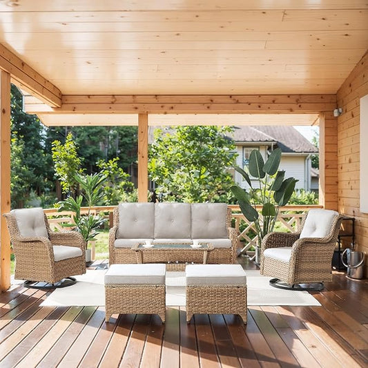 Wicker Outdoor Furniture Patio Furniture Set - 6 Piece Patio Conversation Set with Swivel Rocker Chairs, Rattan Sofa, Ottomans and Coffee Table, Beige Cushion-VerdiqueGarden