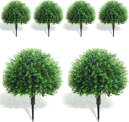 Yunlly 6 Pcs 18 Inch Artificial Boxwood Ball Topiary Tree Fake Outdoor Plants Bush, UV Resistance Faux Shrubs with Spike Realistic Greenery Potted for Indoor Garden Yard Porch Patio Decor (Green)-VerdiqueGarden