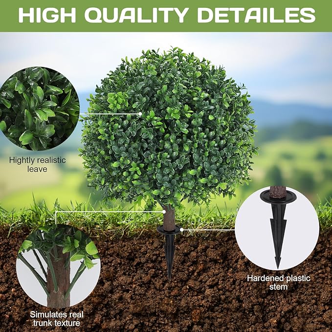 Artificial Boxwood Topiary Ball Tree 24" with Ground Spike, Set of 2 Artificial Boxwood Bushes for Faux Shrubs, Fake Evergreen Faux Plant for Indoor Outdoor Porch Garden- UV Resistant – Fade-Proof-VerdiqueGarden