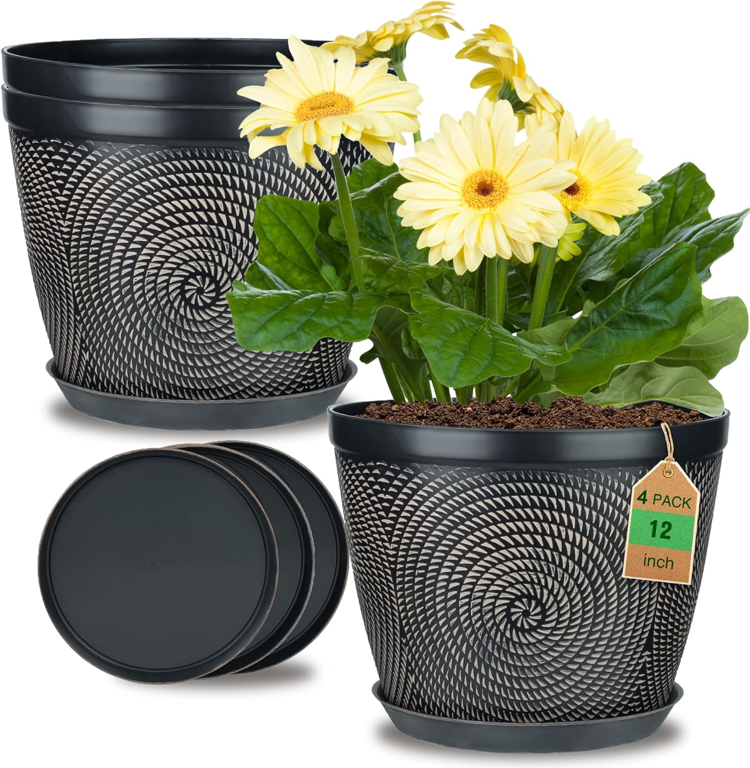 Quarut 12 Inch 4 Pack Large Plant Pots, Plastic Flower Pot for Indoor & Outdoor with Drainage Holes & Saucer, Circle Pattern Planters Garden Pots for Herbs-VerdiqueGarden