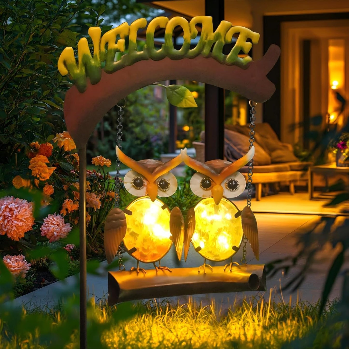 HONGLAND Solar Lights Outdoor Decor, Owl Swing Garden Decor, Owl Gifts for Women Mom, Whimsical Garden Lights Outdoor Decorations with Welcome Sign for Outside Patio Yard Lawn Decor-48inch-VerdiqueGarden