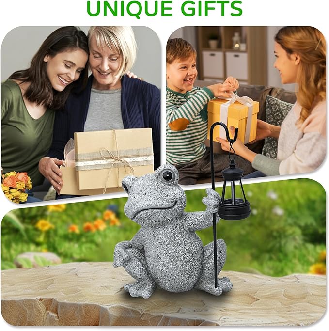 Solar Garden Outdoor Statues Frog with Solar Lantern, Lawn Decor Frog Figurine for Patio Balcony Yard, Yard Unique Christmas Birthdays Gift for Mom Grandma-VerdiqueGarden