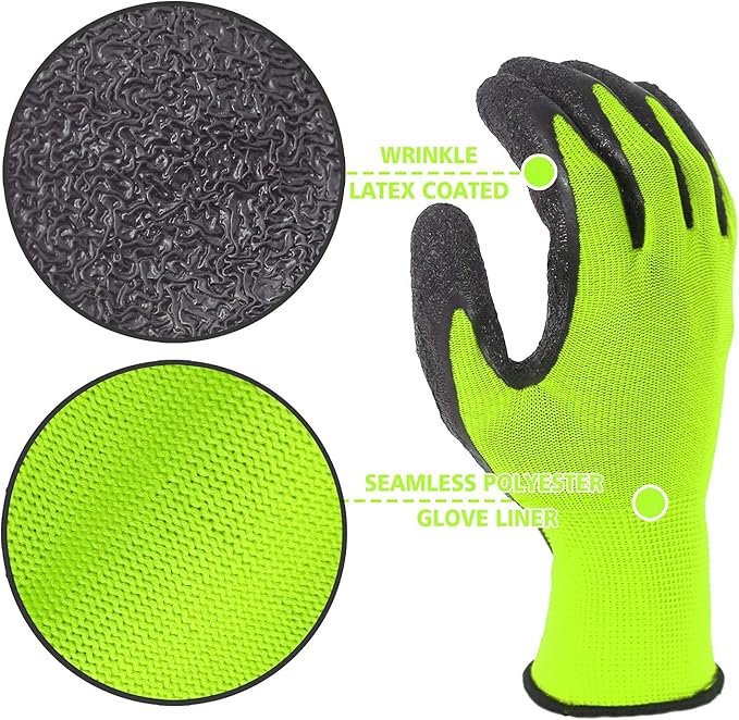 Evridwear Crinkle Latex Rubber Hand Coated Safety Work Gloves for Men Women General Multi Use Construction Warehouse Gardening Assembly Landscaping (L-Size) Lime 120 Pairs Pack-VerdiqueGarden