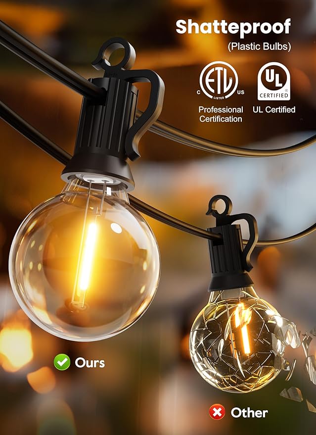 Brightown Outdoor String Lights - Connectable Dimmable LED Patio String Lights with G40 Globe Plastic Bulbs, All Weatherproof Hanging Lights for Outside Backyard Porch (50 ft - 25 LED Bulbs)-VerdiqueGarden