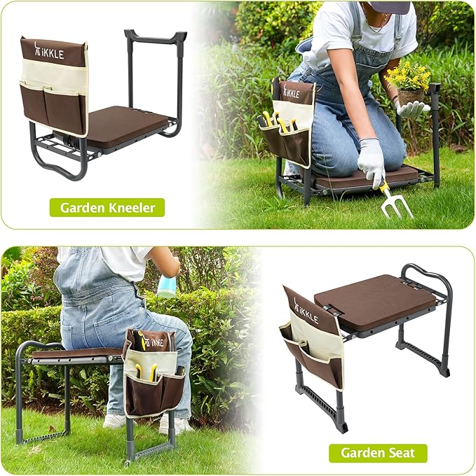 ikkle Garden Kneeler and Seat Gardening Stool Kneeler Folding Gardening Bench with Thicker Detachable Kneeling Pad and Tool Store Pouches (Brown)-VerdiqueGarden