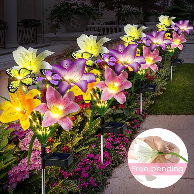 Solar Garden Lights Outdoor, 4 Pack Flower Lights for Outside, 16 Solar Lilies with Butterflies, Waterproof Garden Decor for Yard, Patio, Gifts for Women Mom (4 pcs Lilies)-VerdiqueGarden