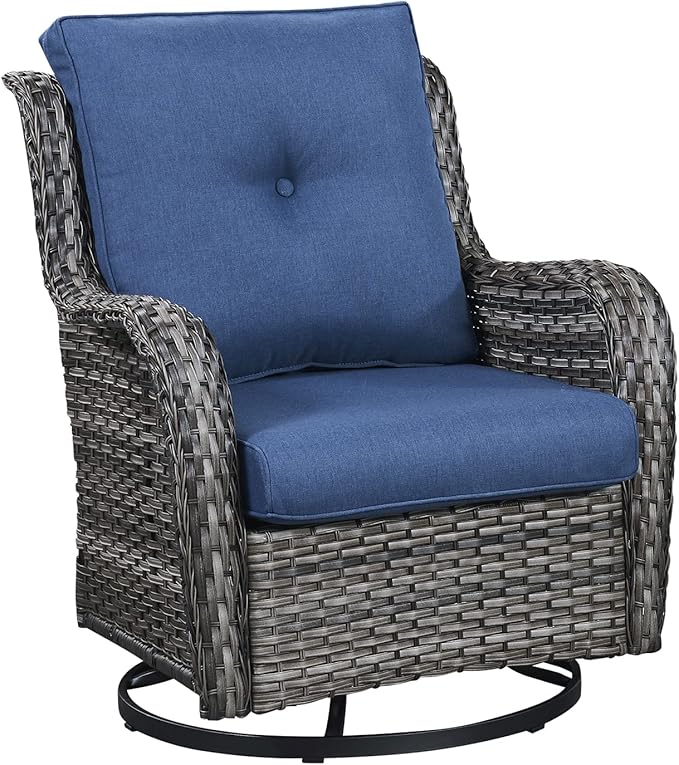 Outdoor Patio Swivel Rocker Chairs - Single Wicker Rattan Patio Swivel Rocking Chair with High Back,Deep Seating and Comfort Cushions for Deck Porch Garden,Mixed Grey/Blue-VerdiqueGarden