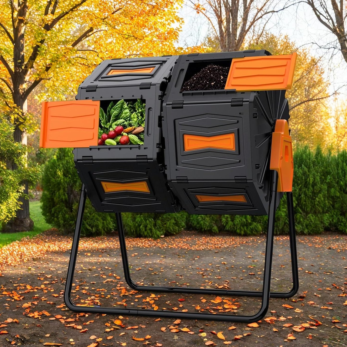 Compost Bin Outdoor, 45 Gallon / 170L Composter Tumbler, 360° Rotating Compost Bin Outdoor, BPA-Free Fast-Working All-Season Heavy-Duty Dual Chamber Compost Tumbler for Garden Kitchen Yard Waste-VerdiqueGarden