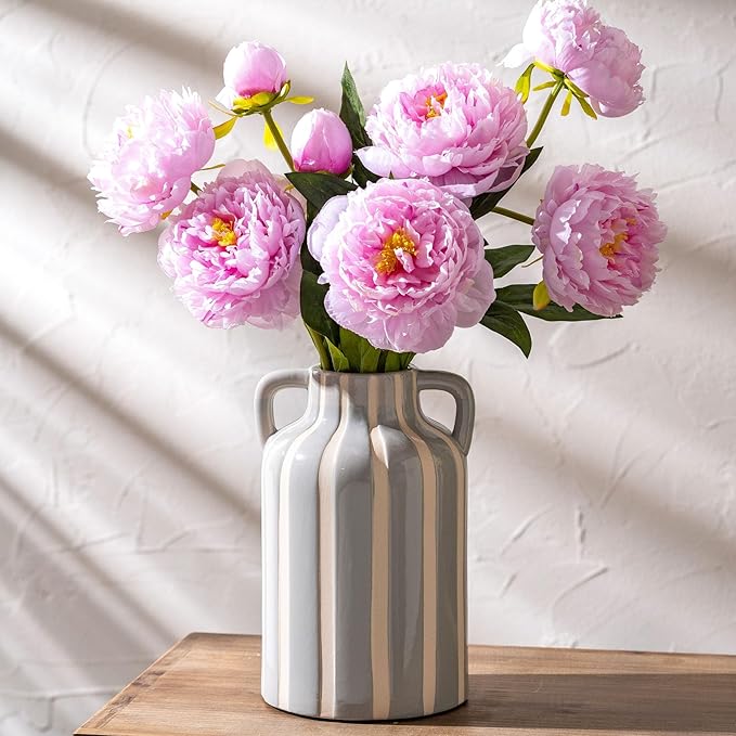 Ceramic Grey and White Checkered Stripes Vase with Handles, Hand-Painted Modern Minimalist Bohemian Floral Vases Home Decor, Cottage Core Decor, Flower Vase for Bouquet Mantle Kitchen Bookshelf 9.1 In-VerdiqueGarden