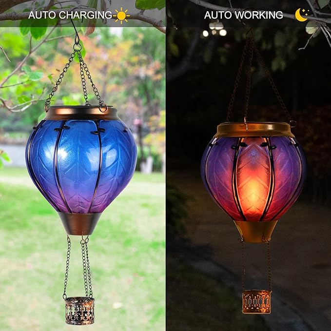 Hot Air Balloon Solar Lantern with Flickering Flame Hanging Solar Lights Outdoor Waterproof Lanterns for Garden Patio Yard Party Decoration Blue&Pink-VerdiqueGarden