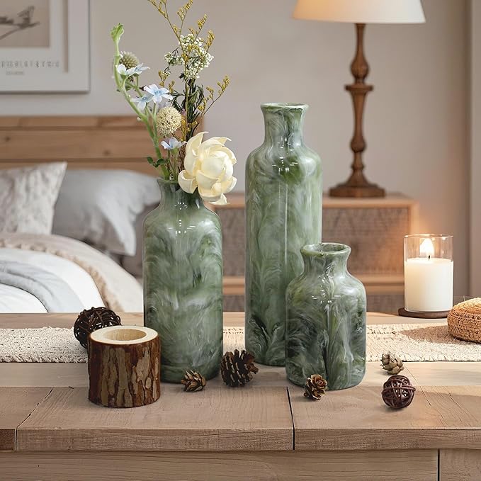 Resin 3 Piece Vase Set, Farmhouse Decor, Home Decorative Vase, Vases for Your Kitchen, Bedroom, Office, Living Room, Bathroom, & Shelf Centerpiece Table Decorations, Green-VerdiqueGarden