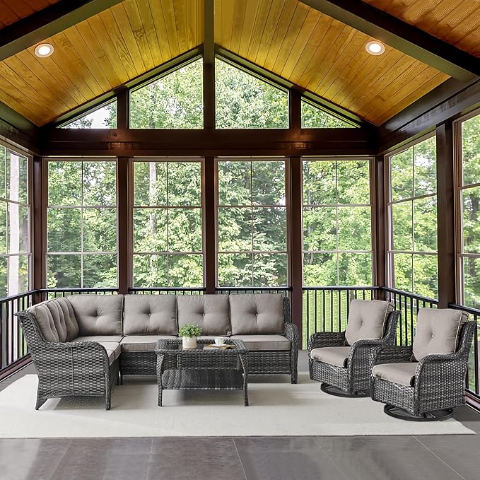 Outdoor Furniture Sectional Sofa L Shaped Couch - Patio Wicker Set with 2 Swivel Glider Chairs, 5 Piece Rattan Patio Conversation Sets with Gray Cushion for Deck Backyard Sunroom-VerdiqueGarden