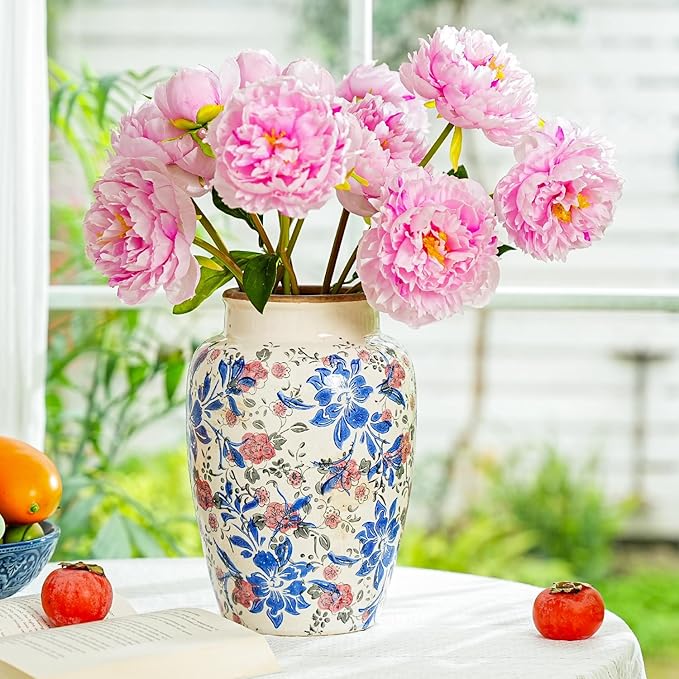 Sungmor Ceramic Flower Vase, Vintage Ice Cracked Glaze Porcelain Vase, Pretty Home Decor Vase for Flower Arrangement, Fresh Flowers, 10.2 Inch Tall Chinoiserie Pottery Vase, Blue Floral Pattern-VerdiqueGarden