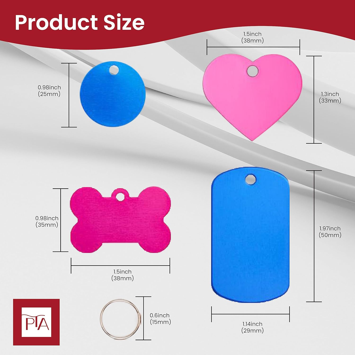 [Press TX Art] 40 Pcs Round(Circle), Bone, Rectangle, Heart Anodized Aluminum Stamping Blanks Tags 10 Mixed Colors Metal Engraving ID Name Tags with Rings (4 Types of Shapes in 10 Colors)-VerdiqueGarden