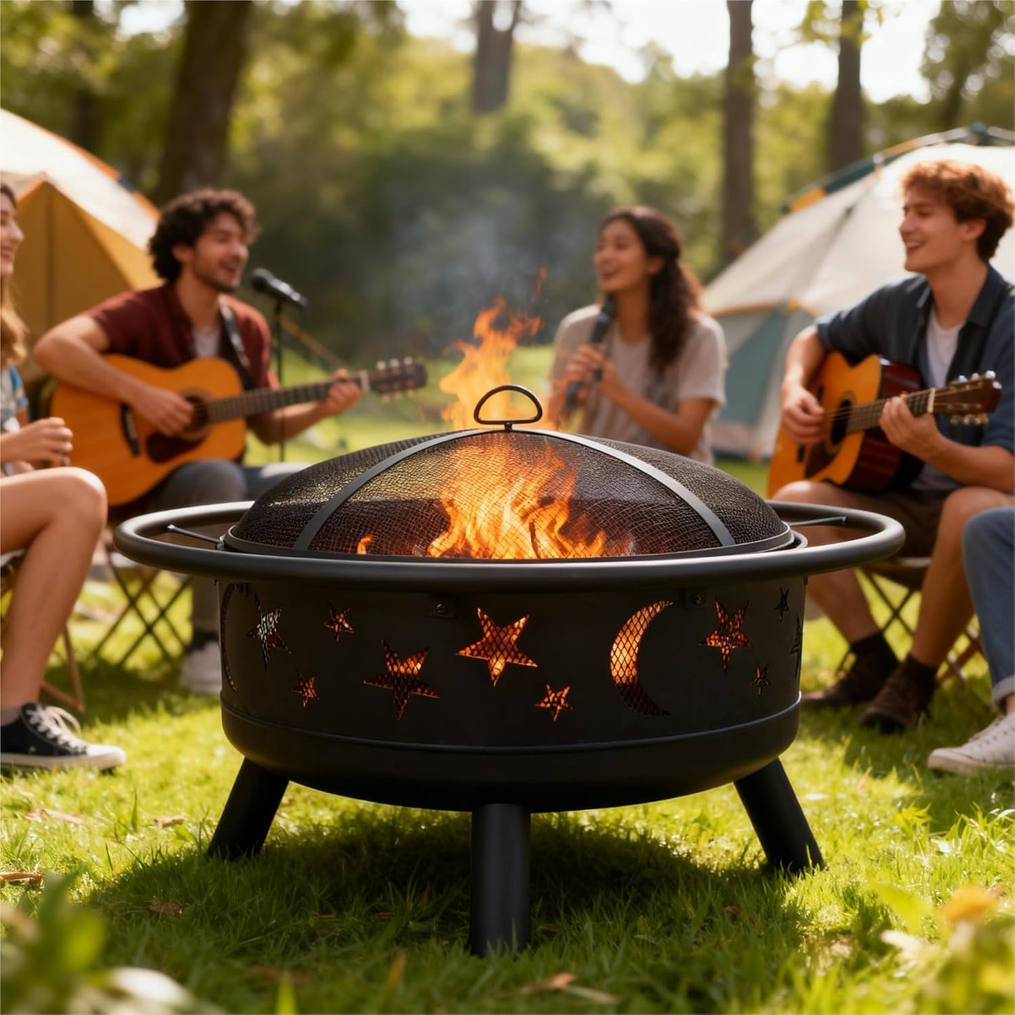 Grovelli 38" Round Wood Burning Fire Pit with Mesh Cover, Fire Poker, Star & Moon Cutouts, Metal Outdoor Firepit for Patio, Backyard, Garden, Bonfire, Camping, Christmas, Thanksgiving, Halloween-VerdiqueGarden