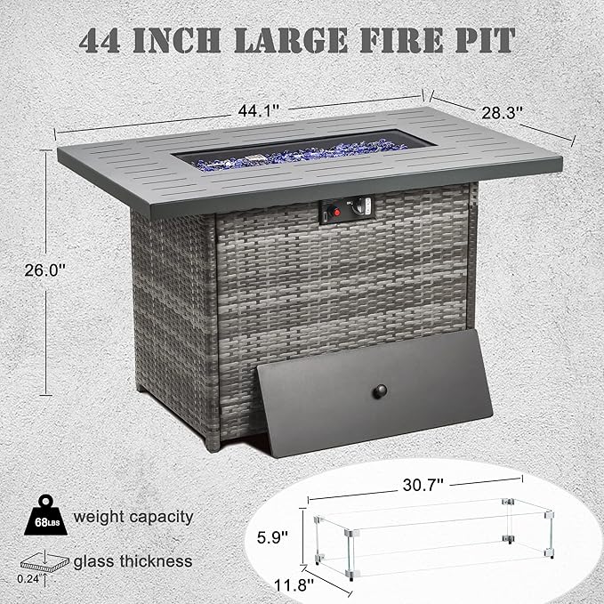 Propane Fire Pit Table,44 Inch 55000 BTU Outdoor Gas Fire Pit Rectangular with Glass Wind Guard for Outside Patio Deck (Gray-Aluminum Top)-VerdiqueGarden