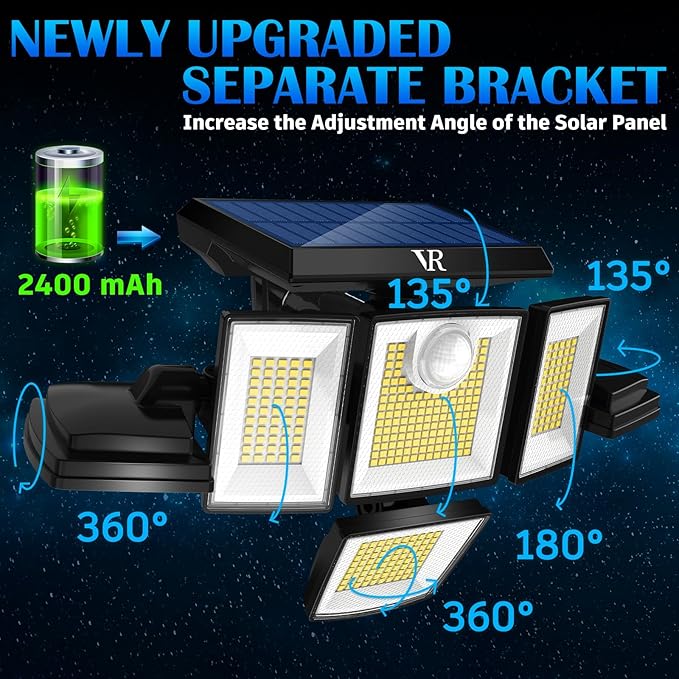 Solar Motion Sensor Flood Lights Outdoor - 496LEDs 3500LM 3 Lighting Modes 3 Levels Brightness, 6 Heads 360° Illumination, IP65 Solar Security Lights,for Porch Yard Patio Garage(2 Packs)-VerdiqueGarden