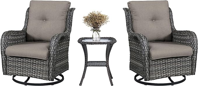 3 PCS Patio Furniture Set - Mixed Grey Wicker Swivel Rocking Chair Set with Side Table-VerdiqueGarden