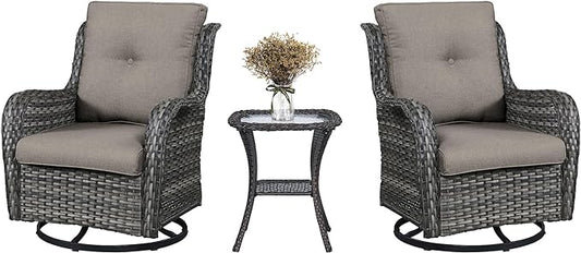 3 PCS Patio Furniture Set - Mixed Grey Wicker Swivel Rocking Chair Set with Side Table-VerdiqueGarden