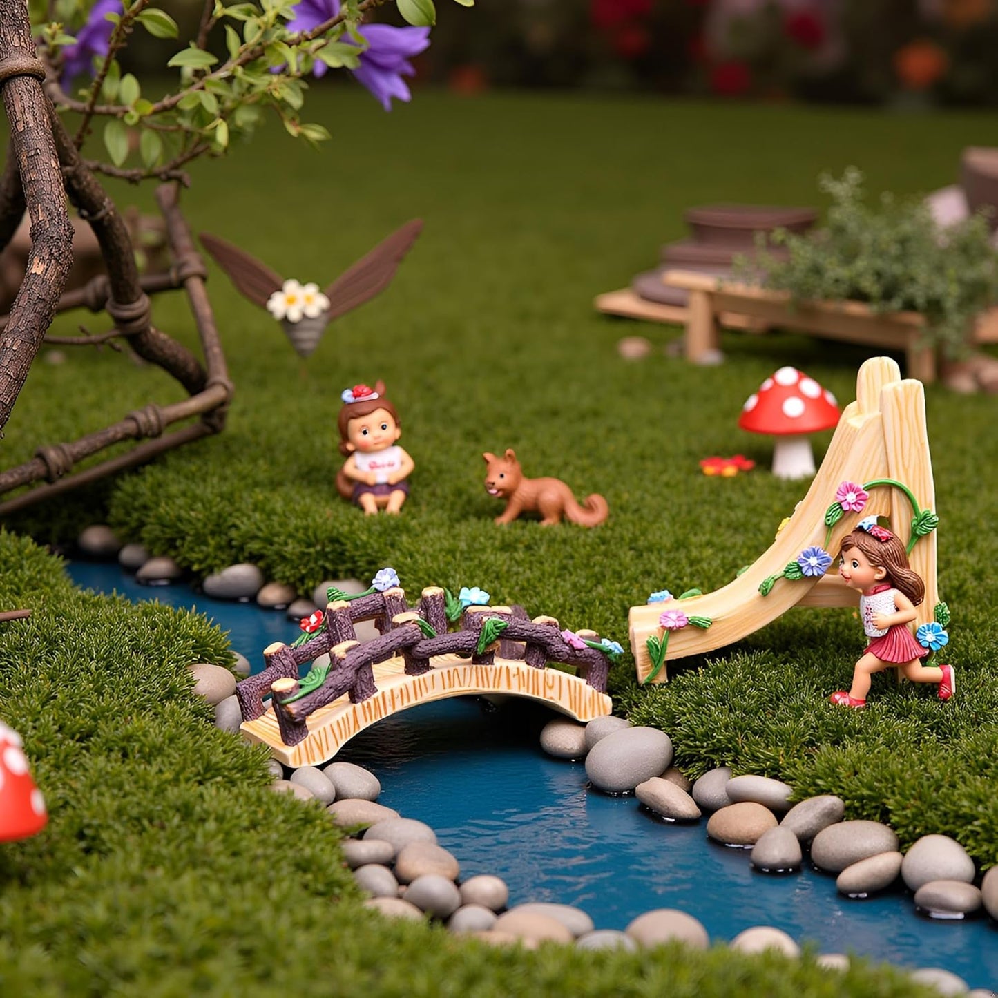 Kai Dream Miniature Fairy Garden Accessories Set, 2 Piece Resin Decorative Landscape Kit with Bridge and Slide, Floral Garden Ornaments-VerdiqueGarden